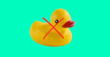 A rubber ducky with a red "X" over it.