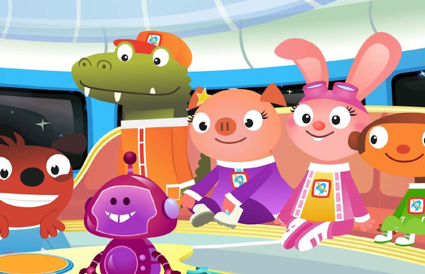 "Astroblast" cartoon characters sitting in a space ship