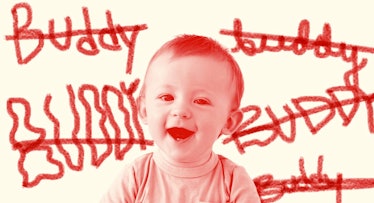 A toddler sitting and smiling with the word buddy crossed out multiple times around him