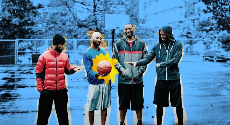 friends playing basketball