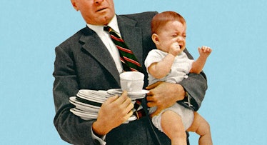 dad holding baby in one arm and porcelain in another