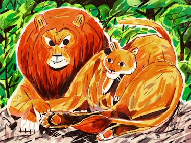 illustration of a father lion sitting next to his cub in green shrubbery