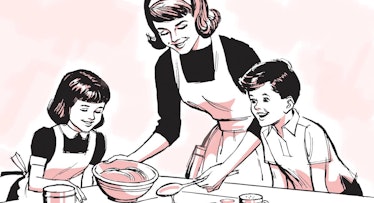 An illustration of a mom and her two kids cooking in the kitchen