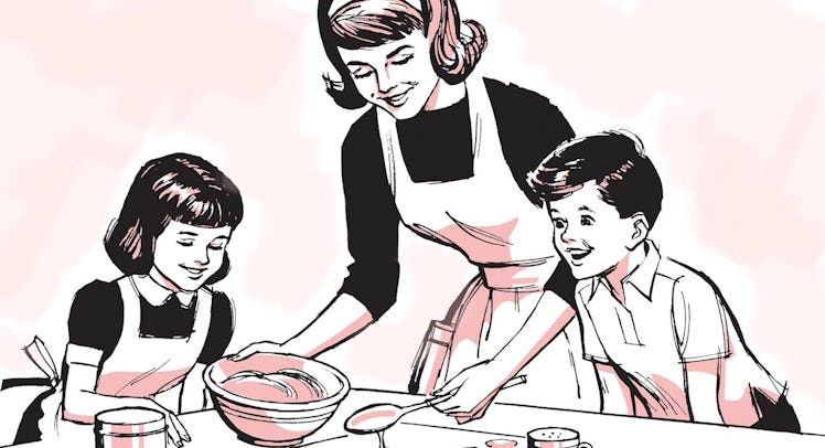 An illustration of a mom and her two kids cooking in the kitchen