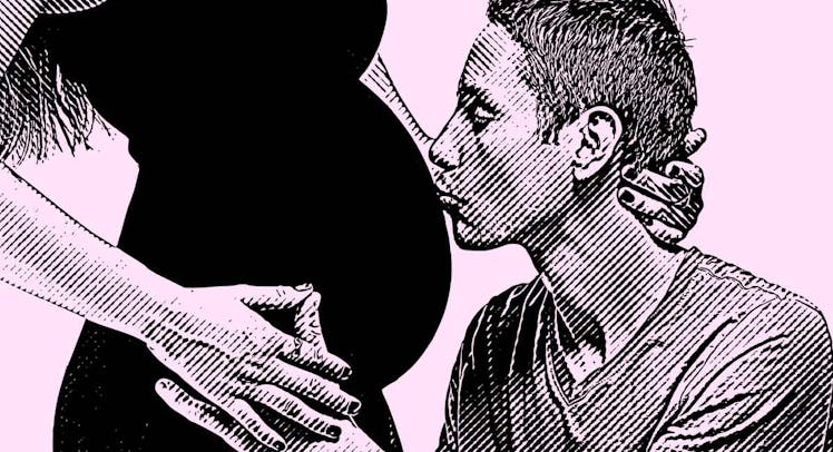 A sketch of a man kissing his wife's pregnant belly