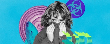 Collage of a kid with their sweater over their face and strong smelling things like onions around th...
