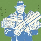 An illustration of a blue tinted man in a suit and hat holding a lot of presents, dollar signs are f...