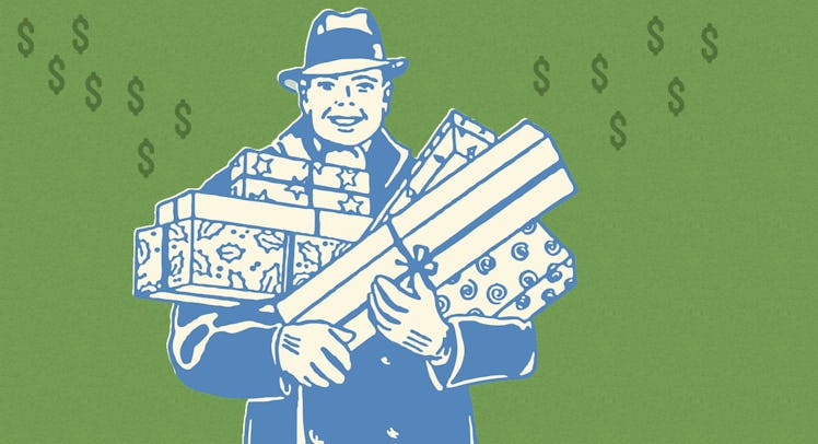 An illustration of a blue tinted man in a suit and hat holding a lot of presents, dollar signs are f...