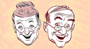 Drawing of a smiling elderly couples heads.