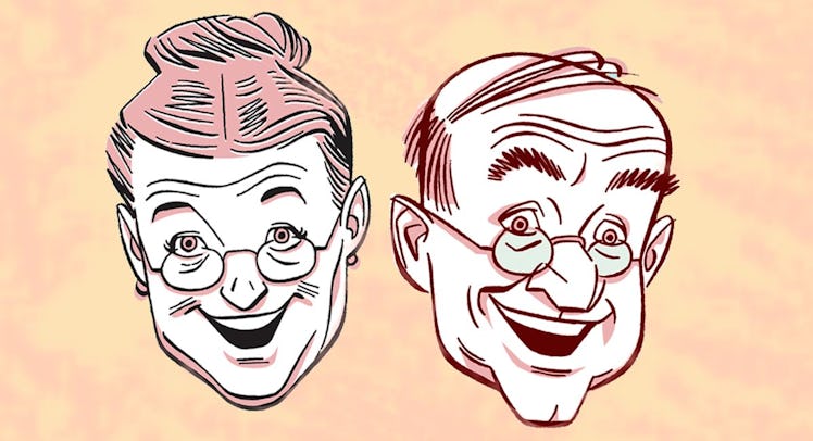 Drawing of a smiling elderly couples heads.