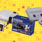 A collage of three of the best retro games consoles for kids a yellow background