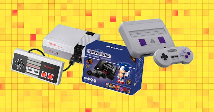 A collage of the NES Classic Mini, the SNES Classic Edition and the Sega Genesis Flashback on a yell...