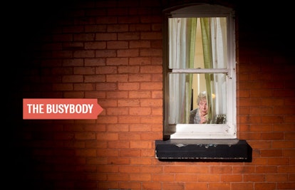 An older woman in the window of a house with a sign saying the busybody