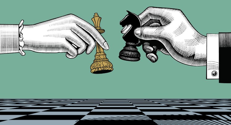 An illustration of a woman's and man's hands holding chess pieces above a chess board