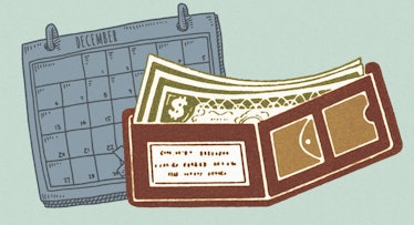 Illustration collage of a wallet full of money and a calendar