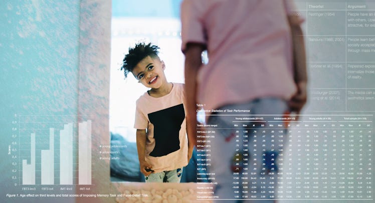 A child looking in a mirror.