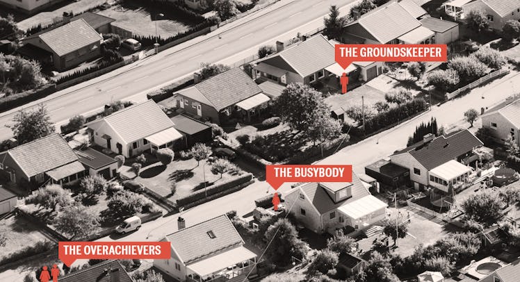 An overhead view of the suburbs in black and white with signs highlighting specific houses and who l...