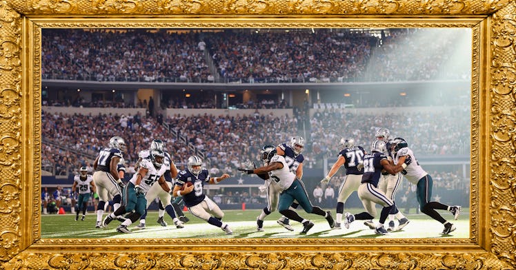 A football game framed in a golden vintage-looking frame
