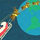 An illustration of Santa Claus with his sled, going over the Earth