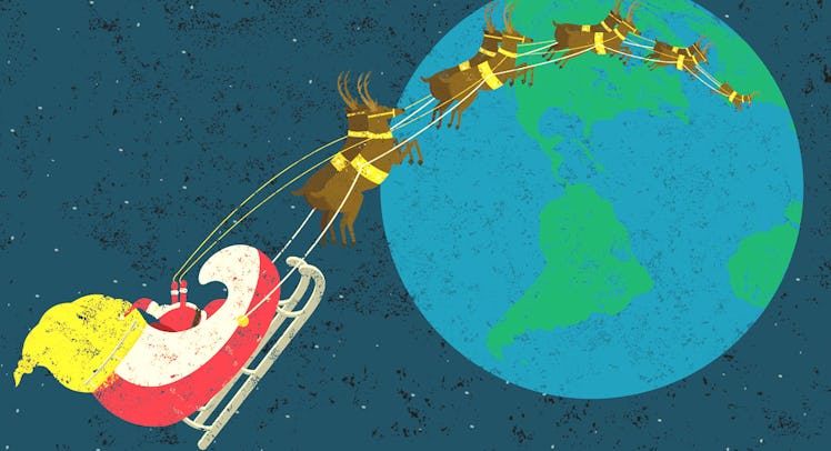 An illustration of Santa Claus with his sled, going over the Earth