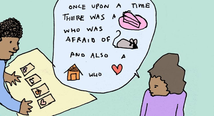 An illustration of two kids playing story cards with a cake, mouse, house, and heart
