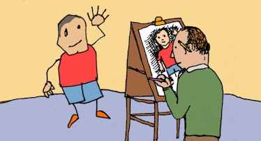 An illustration of a man drawing a child