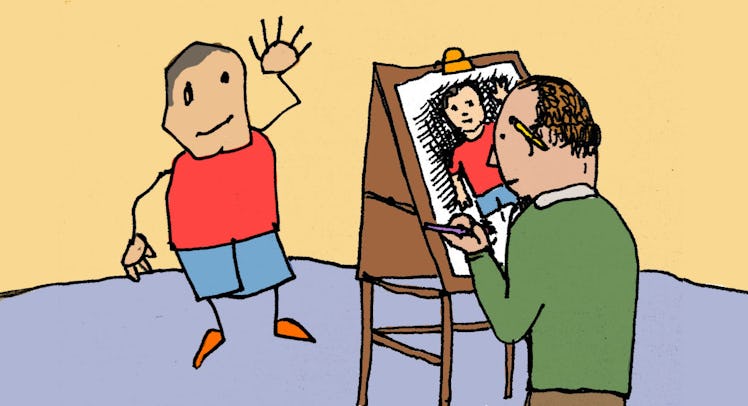 An illustration of a man drawing a child