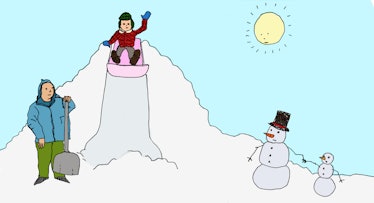 An illustration of a dad building a giant 'snow slide' with his kid