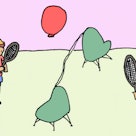 Illustration of a parent and a kid playing balloon tennis in a room