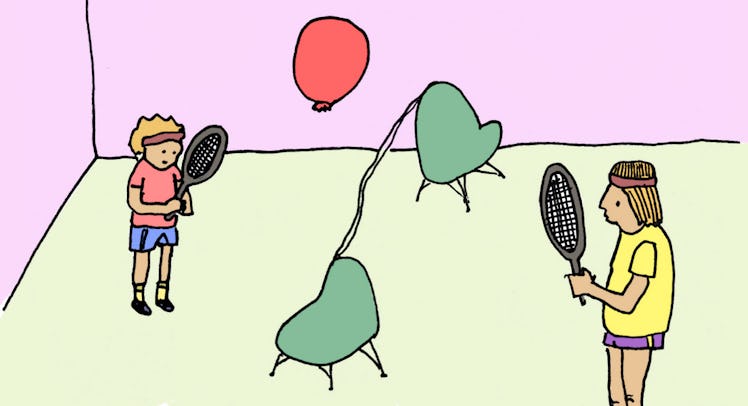 An illustration of a parent and a kid playing balloon tennis in a room