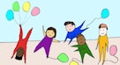 画着五个孩子在玩踩气球的游戏。