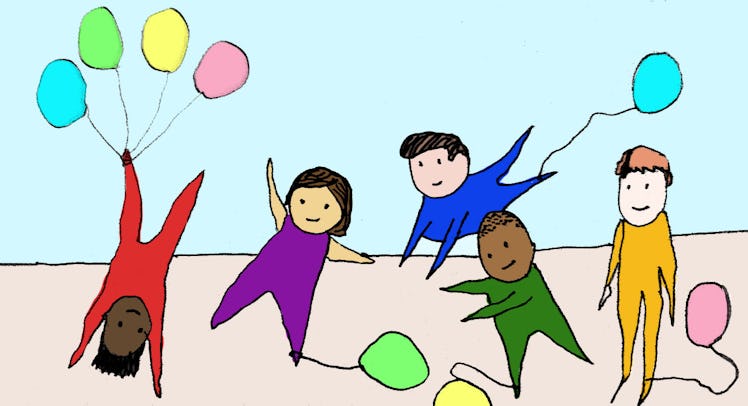 A doodle of five kids playing the balloon stomp game. 