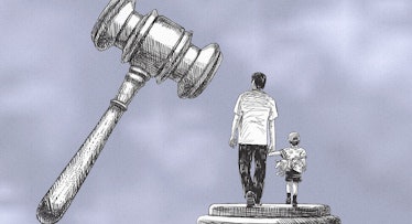 A sketch of a father and son walking and a giant gavel above them, representing family court bias