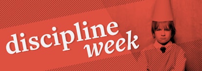 Child wearing dunce cap with the words "discipline week" written next to them.