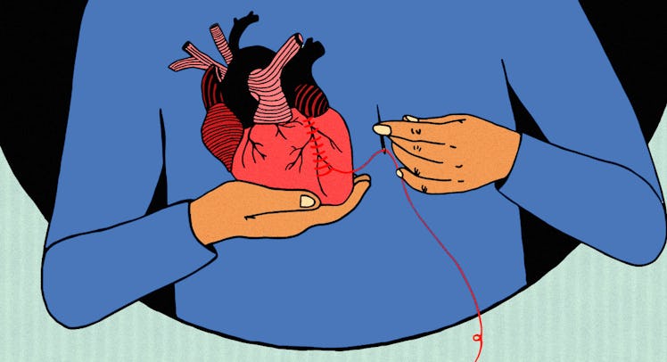 An illustration of a man fixing a broken heart by sewing it symbolizing heartbreak