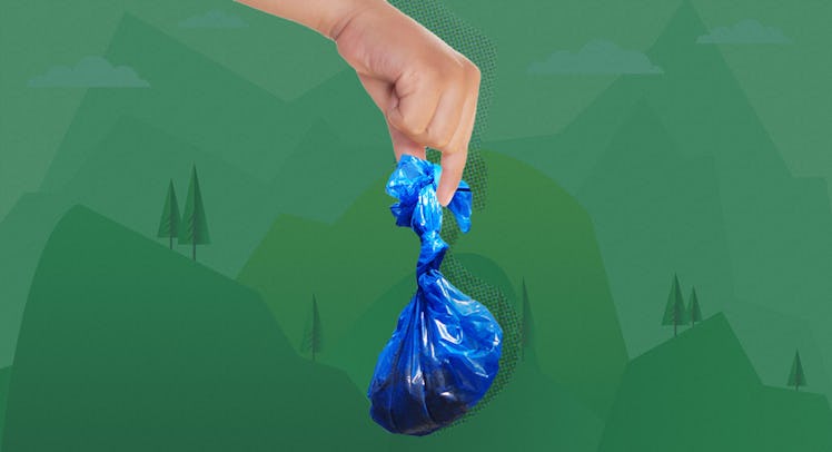 Illustration of a hand holding a blue poop bag
