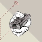 An illustration of a black and white hand using a remote control and a beige background