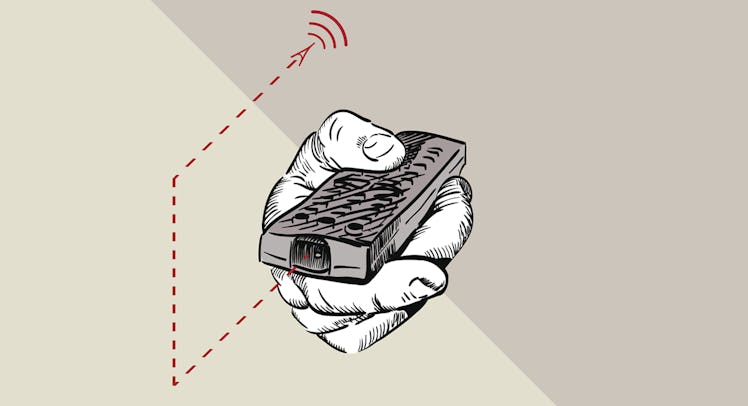 An illustration of a black and white hand using a remote control on a beige background