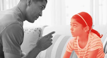 sepia edit of a father trying to discipline a strong-willed child by speaking to her calmly about th...