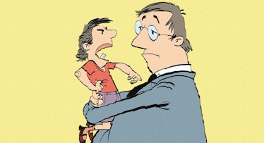 A cartoon of a father holding his son and not reacting to his bad behavior
