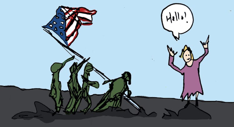 An illustration of 4 soldiers holding the American flag and a girl saying 'Hello!' representing the ...