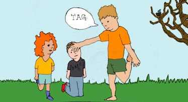 Drawing of kids on the meadow playing tag