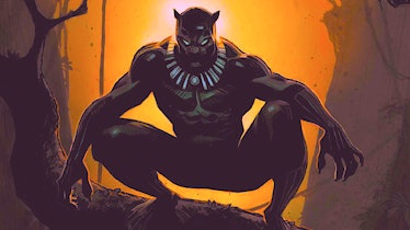 Black Panther on a tree branch, looking intensely into the distance. 