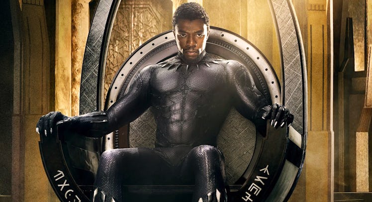 Chadwick Boseman as T'challa the Black Panther sitting on his throne