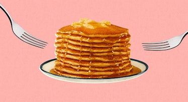Ten pancakes stacked on top of each other on a plate for a breakfast date