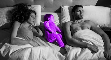 magenta photo edit of a baby co-sleeping between a mother and a father in their bed