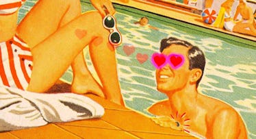 illustration of a man staring at a woman by the pool