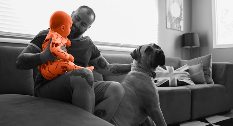 A man introducing his baby to his dog in their living room