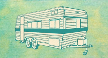 An illustration of a green colored RV in front of a tie dye green and yellow background