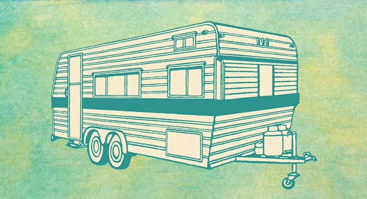 An illustration of a green colored RV in front of a tie dye green and yellow background